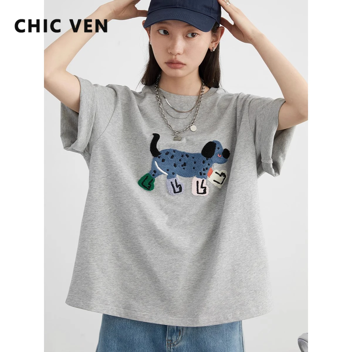 Schicke ven Frauen T-Shirts lose Streetwear Unisex Spaß Hund bestickt Kurzarm Baumwolle Mädchen T-Shirts weiblich Top Sommer