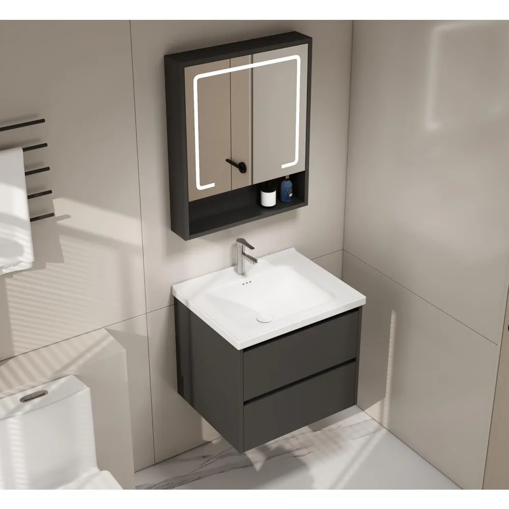 Bathroom Vanity with LED Mirror Cabinet & Ceramic Sink Set, 24'' Wall Mounted Vanities with Faucet, Pop-up Drain