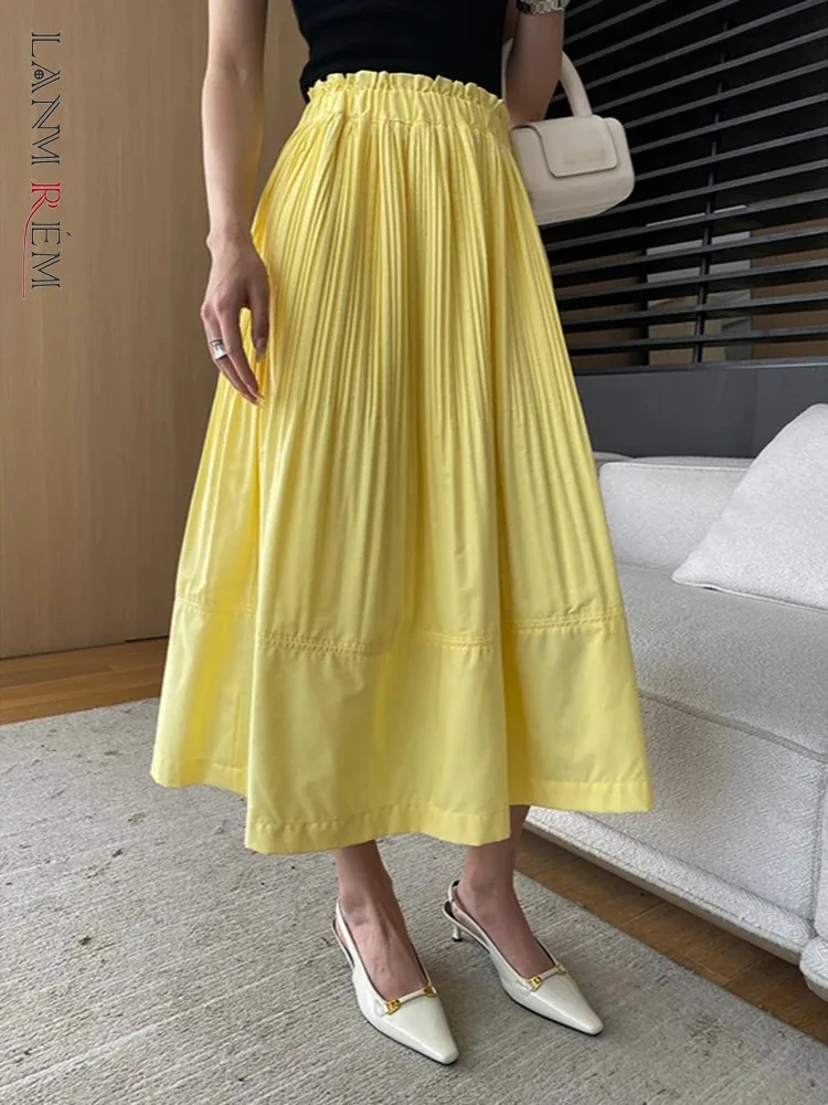 [LANMREM] Fashion Fungus Design A-line Skirts For Women Elastic High Waist Mid-length Office Lady Skirt 2024 Summer New 26D9379