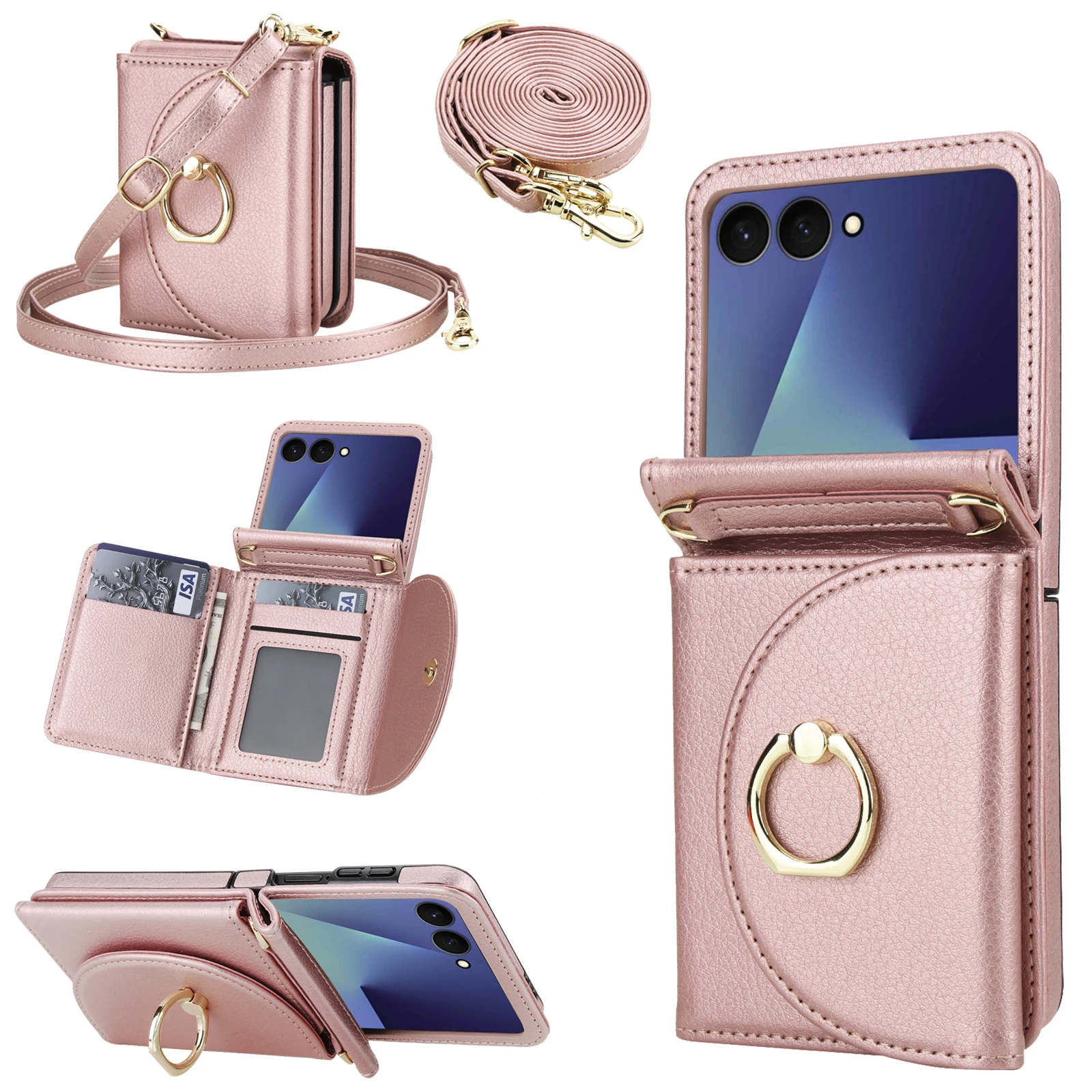 For Samsung Galaxy Z Flip 7 6 5 4 3 Case Luxury Soft Matte Leather Crossbody Lanyard Zipper Wallet Cards Holder Shockproof Cover