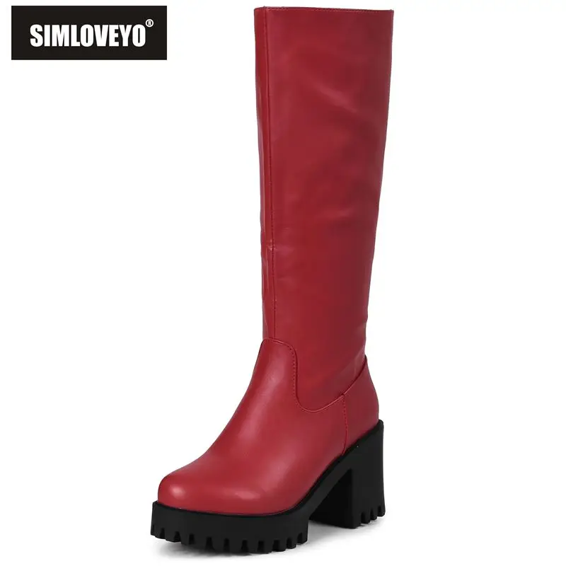 SIMLOVEYO Female Red Tall Riding Boots Rounded Toe 8cm Sturdy Heel 3cm Sole Zip Everyday Boots Full Size Small 33 42 43 White