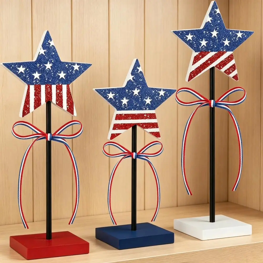 3 Pcs 4th of July Wooden Star Signs, Red White Blue Glitter Patriotic Star Table Centerpiece for Independence Day, Tiered Tray,