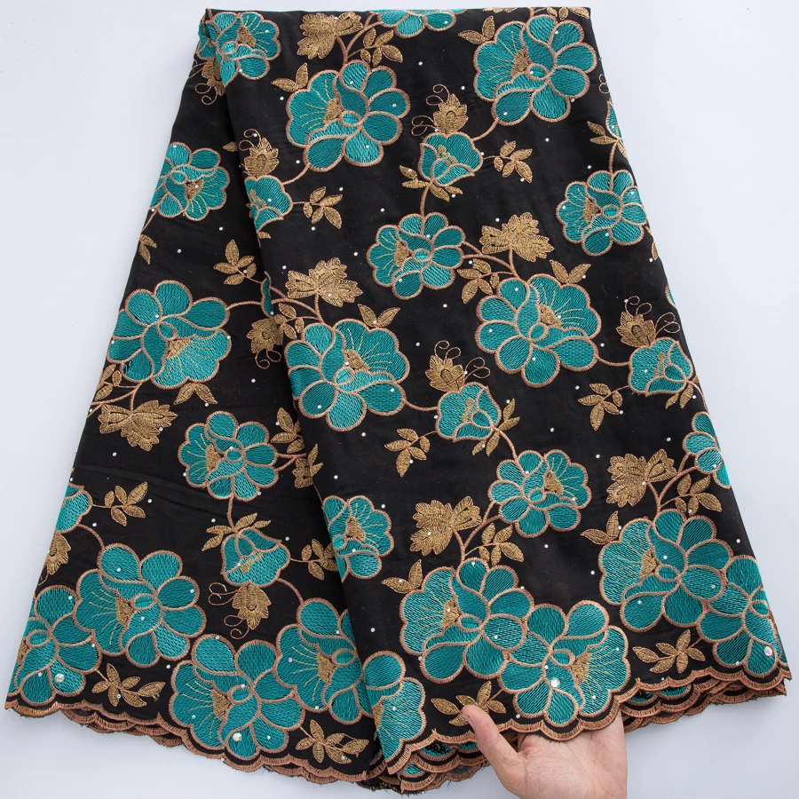 5 Yards afrikanischer Schweizer Voile-Spitzenstoff, schwarz, blaugrün, goldfarben, bestickte Baumwollspitze mit Steinen für nigerianisches Hochzeitskleid