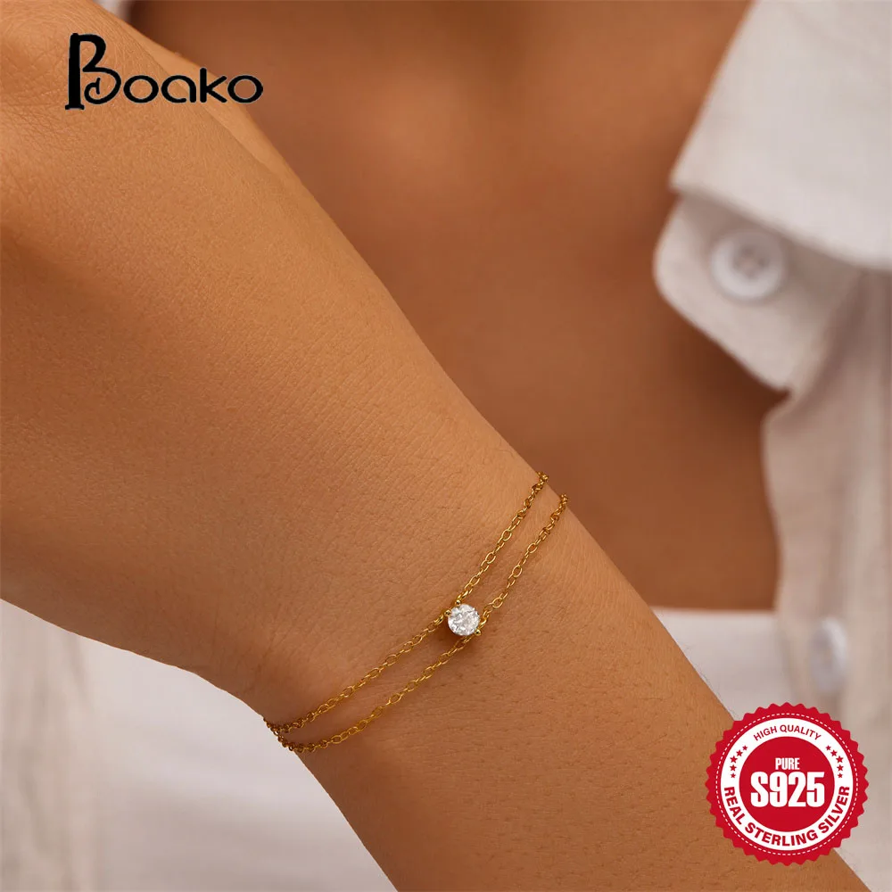 BOAKO-pulsera de plata de ley 925 con doble capa para mujer, brazalete de lujo ligero de circonita, ajustable, Color dorado