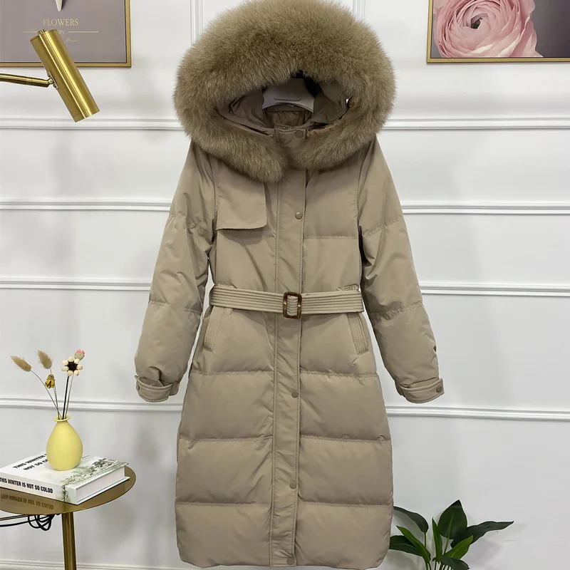 Chaqueta de plumón de pato con capucha para mujer, abrigo largo grueso, cuello de piel de zorro Real, Parkas de plumas, ropa de invierno para mujer