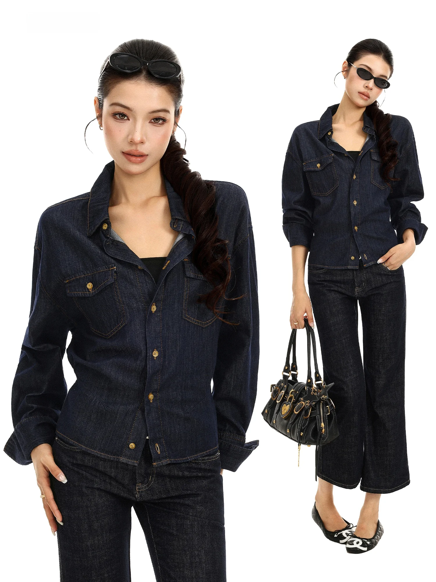 Washed Denim Long Sleeve Shirt Women's Loose Fit Casual Style Cotton Polyester Blend Autumn Outerwear Coat Casual Fashion
