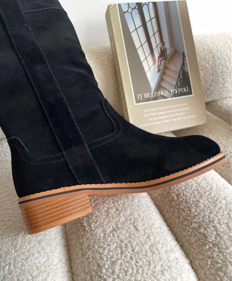 Western Boots Woman Slip On Ladies Shoes Cow Suede Daily Bota Spring Autumn Cowgirls Cool Boots Roundd Toe Winter Botas