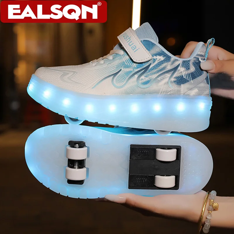 Summer Four Wheels Children LED Light Up Roller Skate Shoes for Boys&Girls USB Rechargeable Luminous Sneakers Kids Sports Shoes