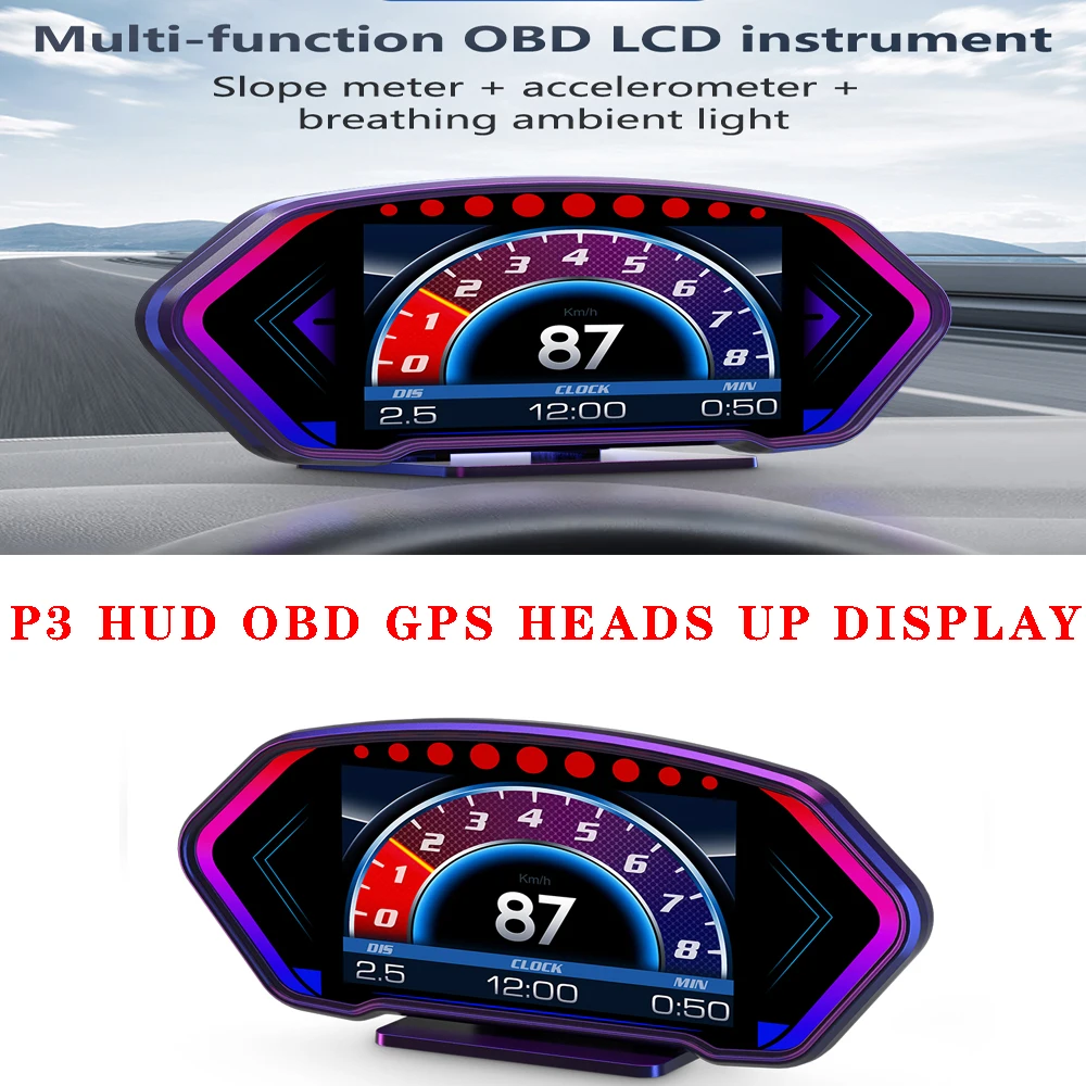 

Heads Up P3 HUD OBD GPS Heads Up Display LCD Speedometer Slope Meter Car Water Oil Temp Alarm Overspeed Diagnotstic Speed Meter