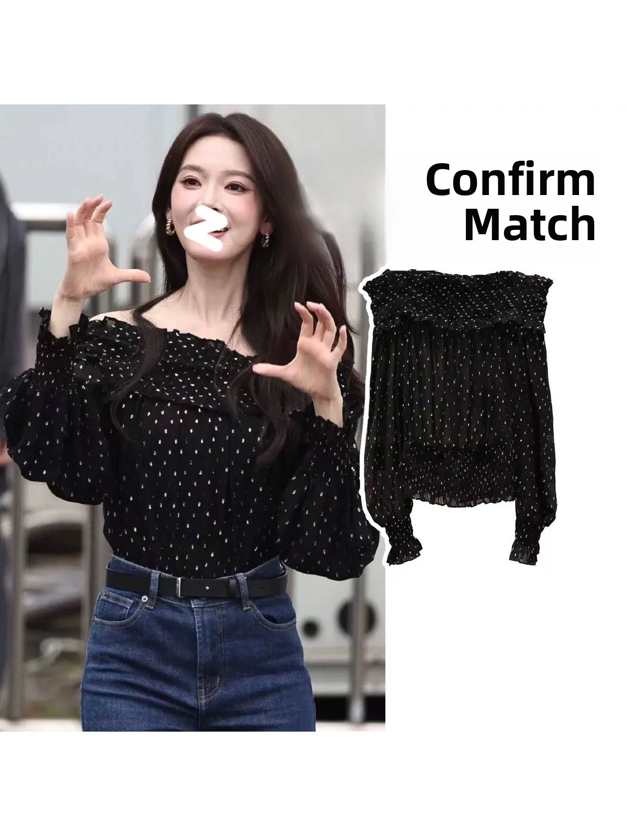 

Elegant Black Polka Dot Long Sleeve Chiffon Loose One Shoulder Top Spring Summer New Arrival Classic Style M Chen Yao