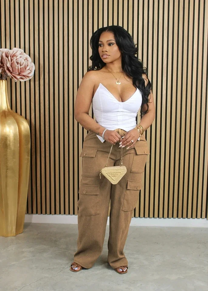 Women Fashion Pocket Side Straight Wide Leg Safari Style Pants Drawstring Summer Velvet Zipper Fly Cargo Trousers