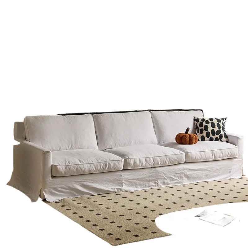 

Skirt linen sofa Nordic fabric living room small apartment cotton and linen removable French cream style white sofa