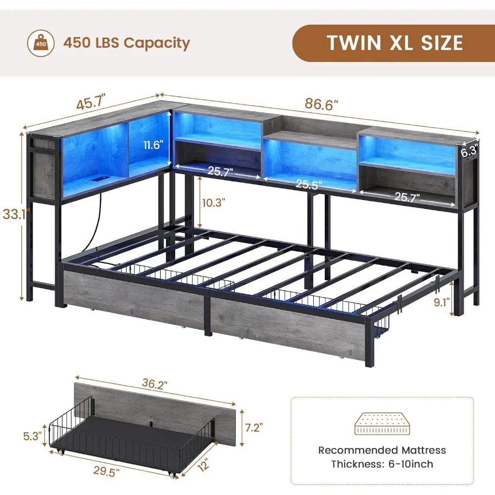 Tempat Tidur Sudut Twin XL dengan Rak Buku Penyimpanan, Tempat Tidur Siang Ukuran Twin XL dengan 2 Laci Penyimpanan di Bawah, Unit Tempat Tidur Anak