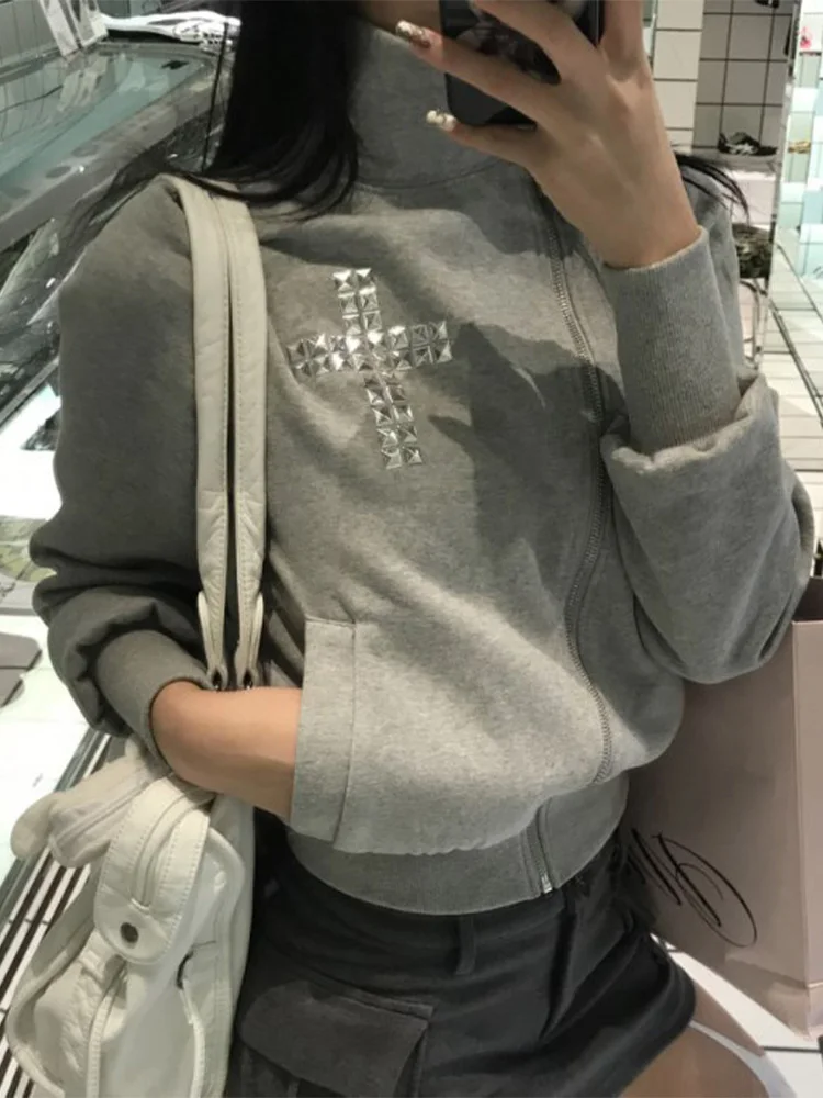 Herbst Winter Damen Grunge Strass Kreuz Schräg Reißverschluss Hoher Kragen Langarm Slim Cropped Zip-Up Sweatshirt – Detail 11