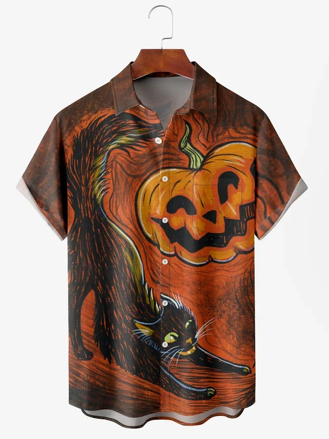 Men\'s Halloween Pumpkin Graphic Print Short Sleeve Shirt Retro Funny Pumpkin Element Pattern Party Wear