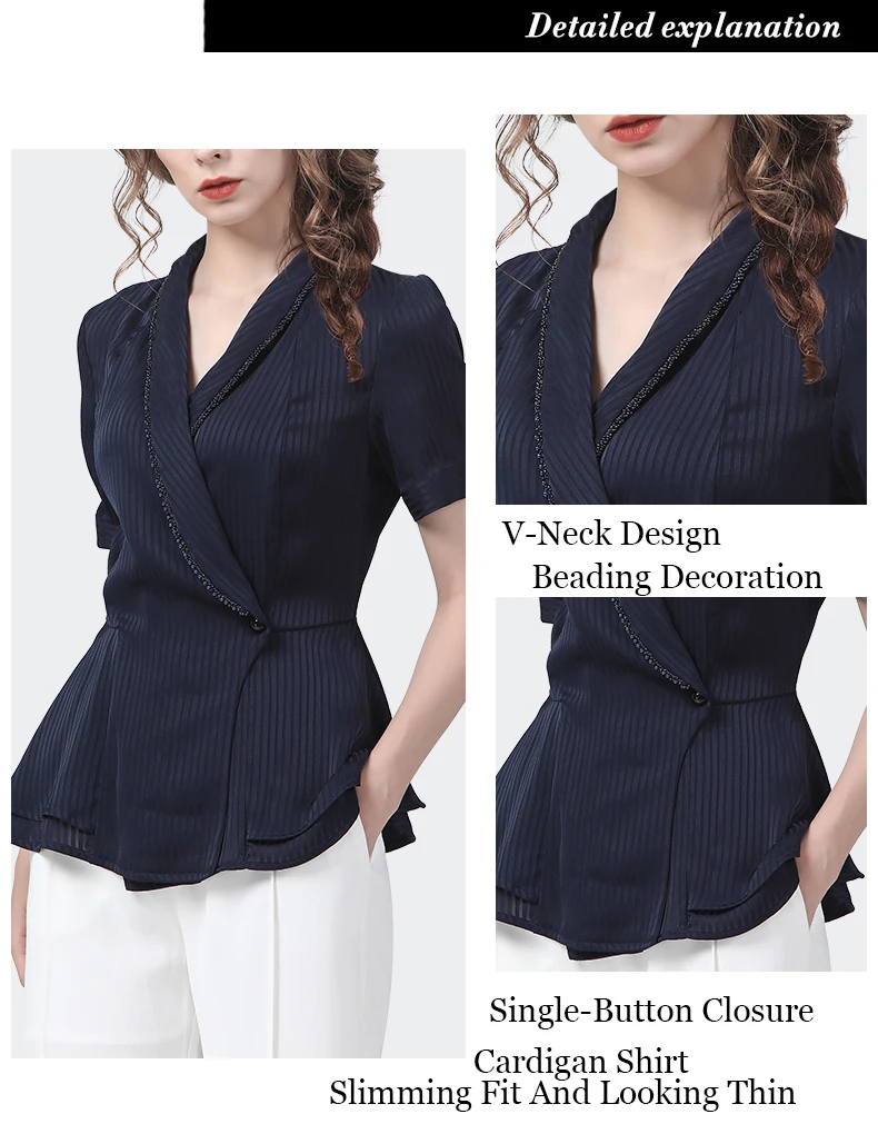 Fashion Women Spring Summer Short Sleeve Blue Stripes Shirt Beading Trims Slim Fit V-Neck Satin Top Streewear Casual Blouses