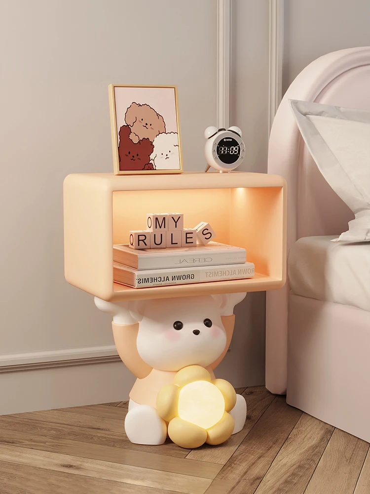 Nordic Home Decor Creative Cartoon Bear Night Stand Cream Style Children's Bedroom Furniture Bedside Table Bedhead Storage Rack