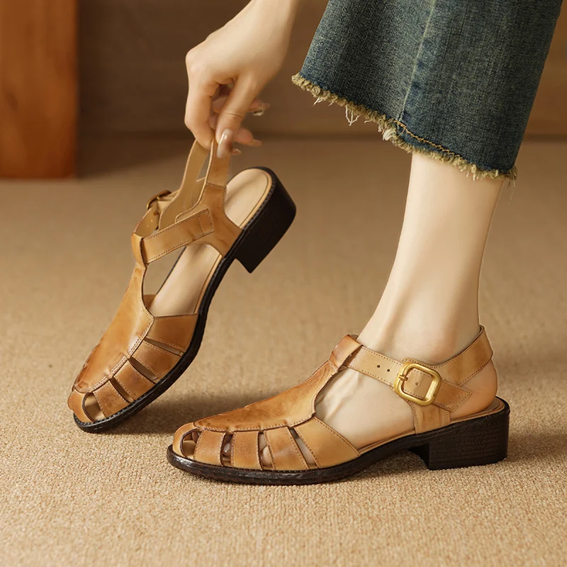 2024 New Retro Women Genuine Leather Sandals Thick High Heels Summer Comfort Leather Casual Shoes Woman Sandals Shoes for Women