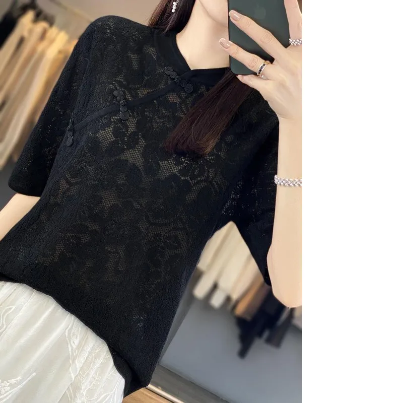 Women's Summer Chinese High Street Korean Fashion Half Sleeves Thin Knitted Standing Neck Button Top   T-shirt