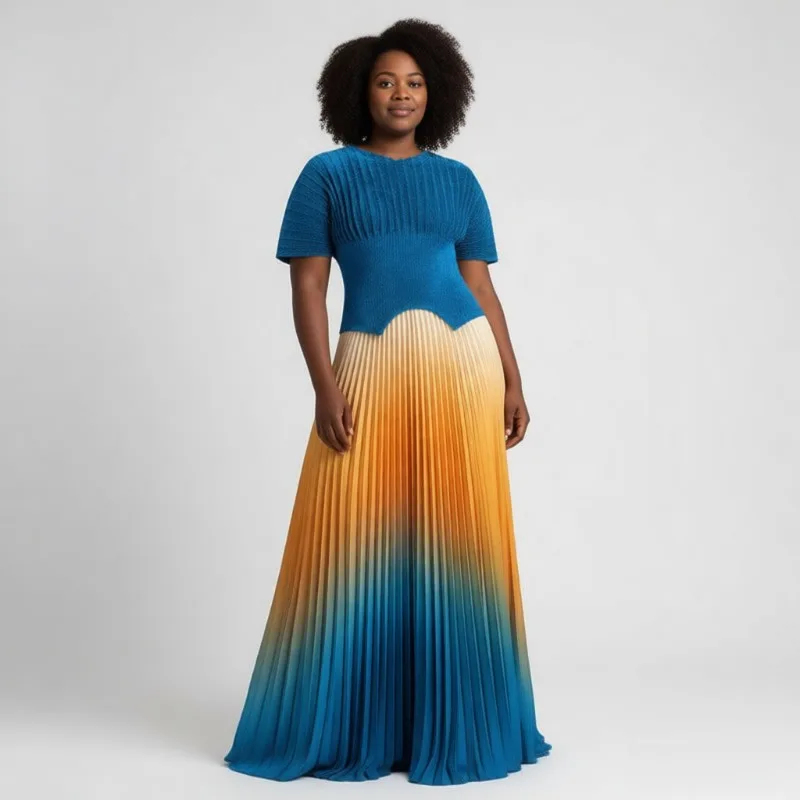 

Europe Middle East Plus Size Women's Skirt Set 2026 Miyake Fold New Women's Short Sleeve Top Stretch Pleated Half Skirt Party