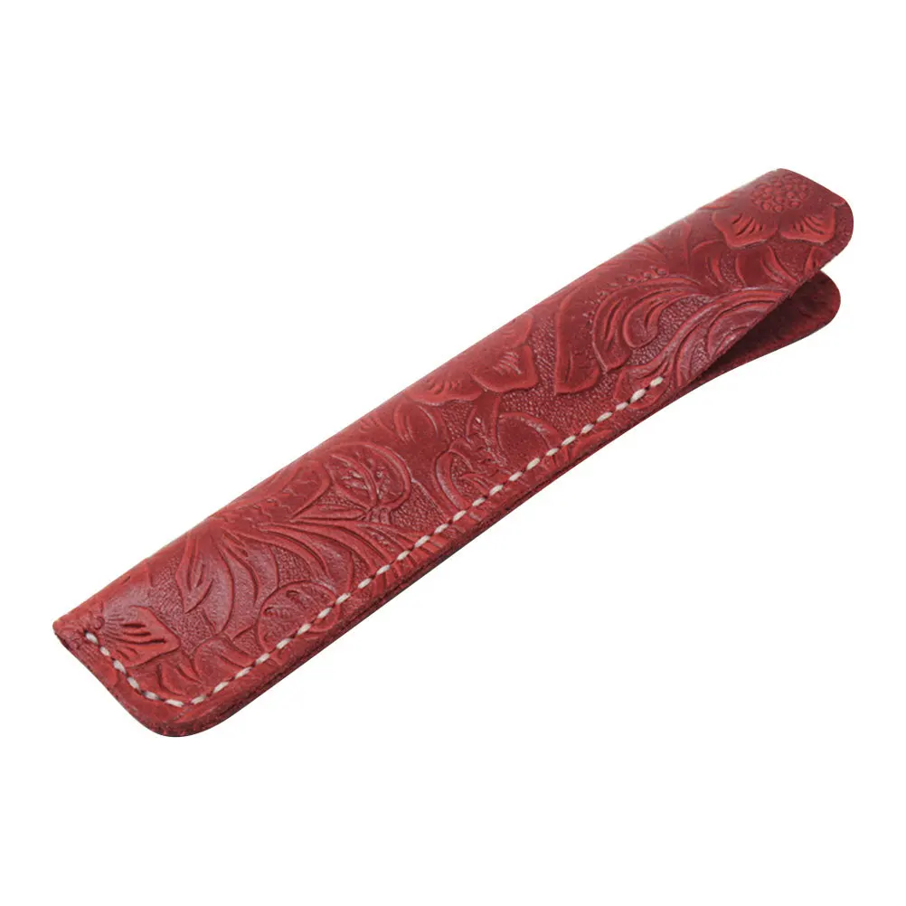 Pen Case Red Carving Handmade Cowhide Holder For Gift Office School Stationery Pouch Protective Sleeve Desk Organizer