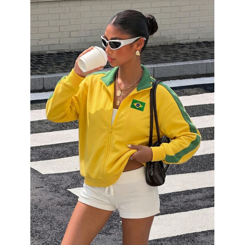 European and American style Brazilian flag embroidery sports style loose fashion trend cardigan zipper unisex hooded sweatshirt