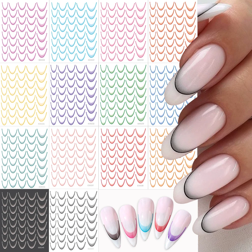 14 Colors French Tip Nail Stickers Gradient French Line Black/White Self-Adhesive Slider Nail Tips Guides for DIY Decoration