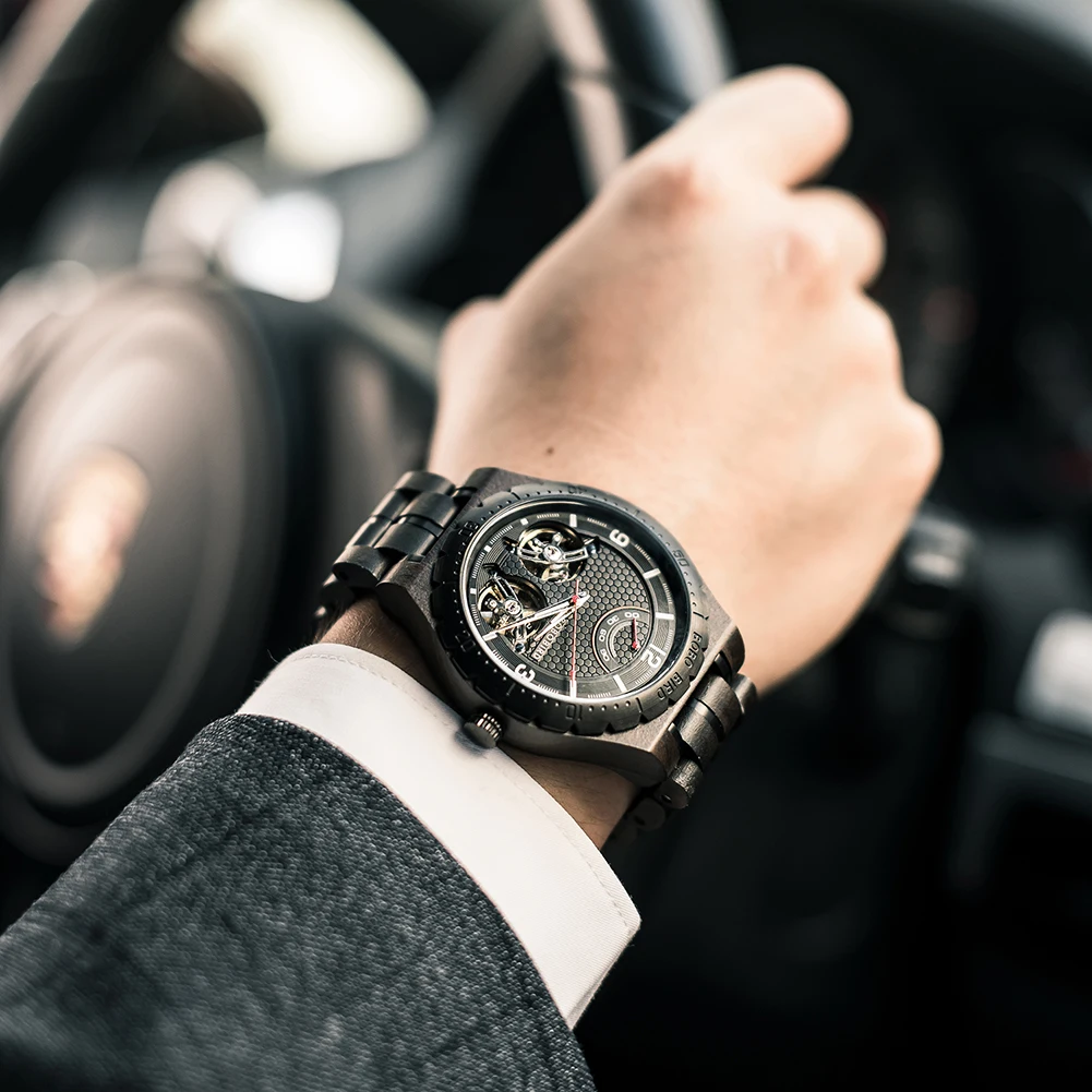 Relógio mecânico masculino de madeira turbilhão duplo bobby, nome personalizado, capa traseira, texto, relógio de pulso automático para homens, dropshipping