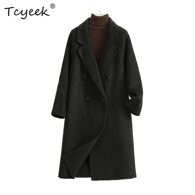 

Tcyeek 100% Wool Autumn Winter High End Double Sided Suit Collar Medium Length Women's Woolen Coat Casaco De Inverno Feminino