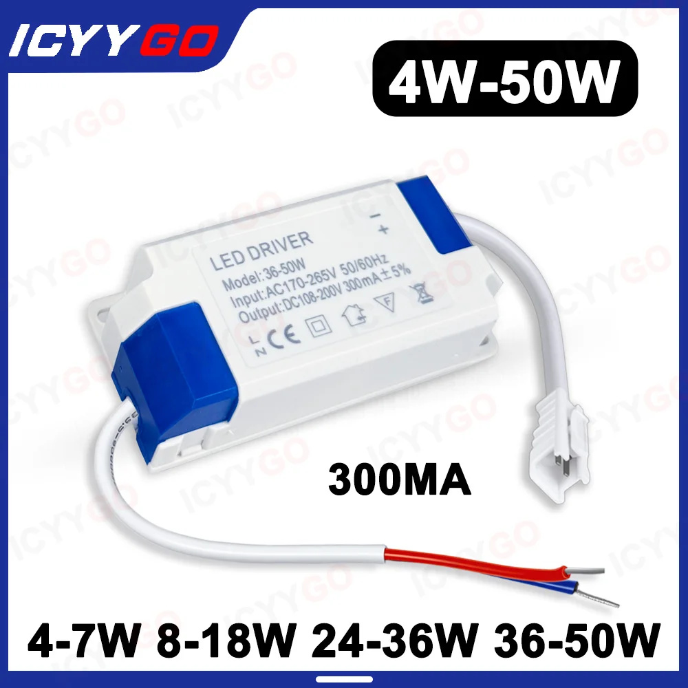 LED 4-7W 8-18W 8-24W 24-36W 36-50W LED Driver DC 12-18V 24-72V24-96V 72-144V 108-200V 300mA Lighting Transformers Power Supply
