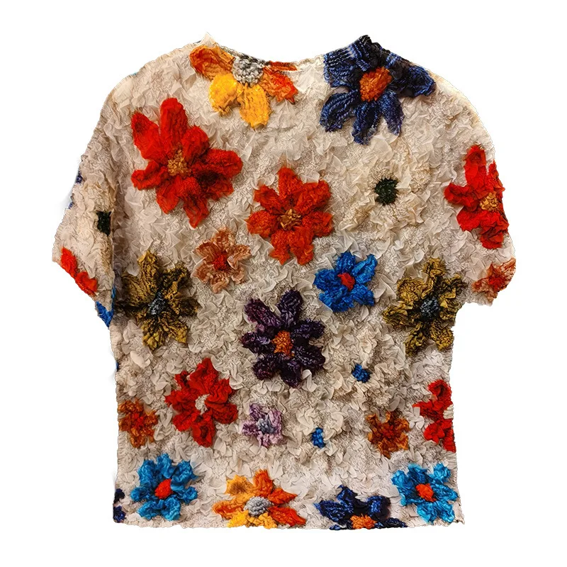 Miyake T-shirt plissé nouvel été Miyake fleurs brodées à manches courtes pli T-shirt ample col rond plis hauts femme