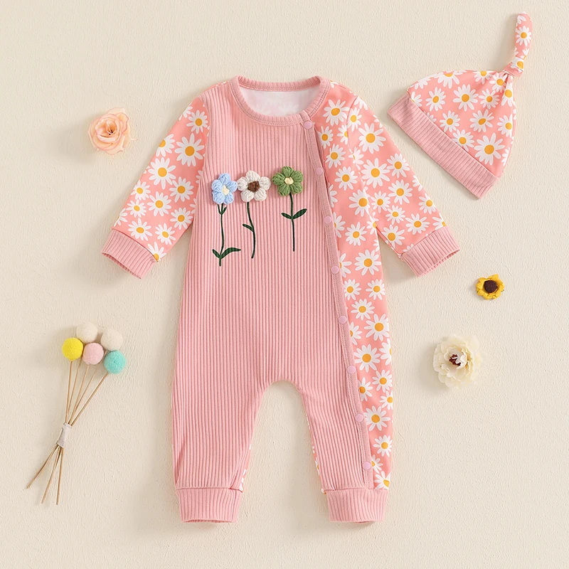 

VISgogo 2Pcs Baby Girl Button-down Romper 3D Flower Patchwork Floral Print Round Neck Long Sleeve Fall Jumpsuit Hat Outfit