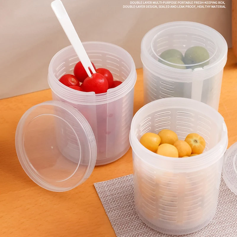 Portable Fruit Storage Box With Fork Double Layer Drain Sealed Fresh-Keeping Box Fruit Washing Box Salad Bowl For Home Kitchen