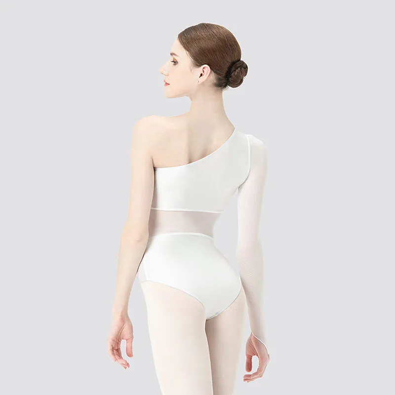 New Black White Ballet Leotards For Women dissymmetry Oblique shoulder Mesh Splice Dance Wear Gymnastics Leotard Yoga Bodysuits