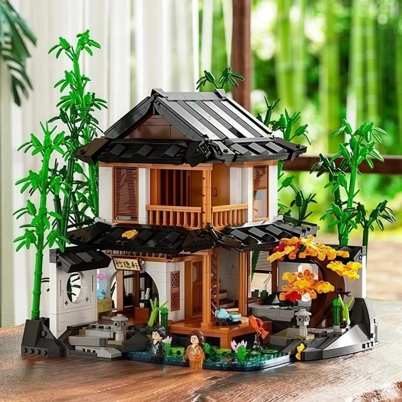 Serie di case retrò Building Block Bamboo Lodge assemblato Modello di costruzione di case in legno Street View Decorazione regalo