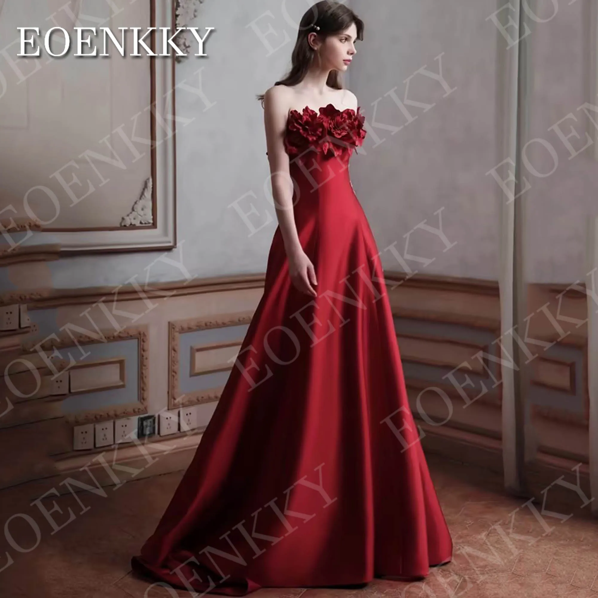 

EOENKKY Elegant A Line Evening Dresses Formal 3D Floral Strapless Satin Prom Dress Customized Woman Burgundy فستان سهرة نسائي