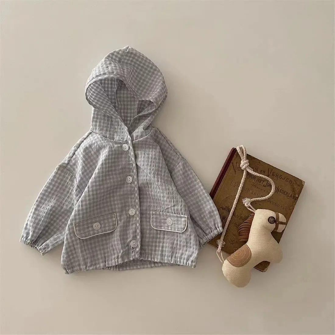 Baby Long Sleeve Sunscreen Jacket 0-3 Years Summer Infant Girl Plaid Hooded Sunscreen Coat Toddler Boy Thin Breathable Cardigan