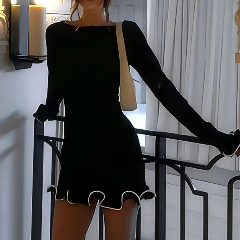 니트 섹시 바디콘 드레스 여성 패션 우아한 긴팔 베스티도스 빈티지 미니 드레스 여성 의류 스트리트웨어