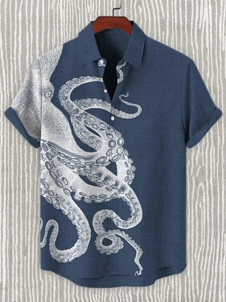 

2 Color Men's Japanese Art Octopus Graphic Printed Linen Blend Shirt Retro Vintage Summer Short Sleeve Lapel Collar Tunics Male