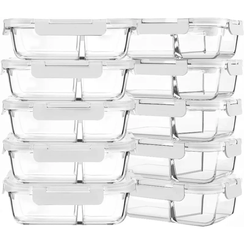 [10-Pack,22 Oz Glass Meal Prep Containers 2 Compartments,Airtight Glass Lunch Bento Boxes with Lids,Glass Storage Containers