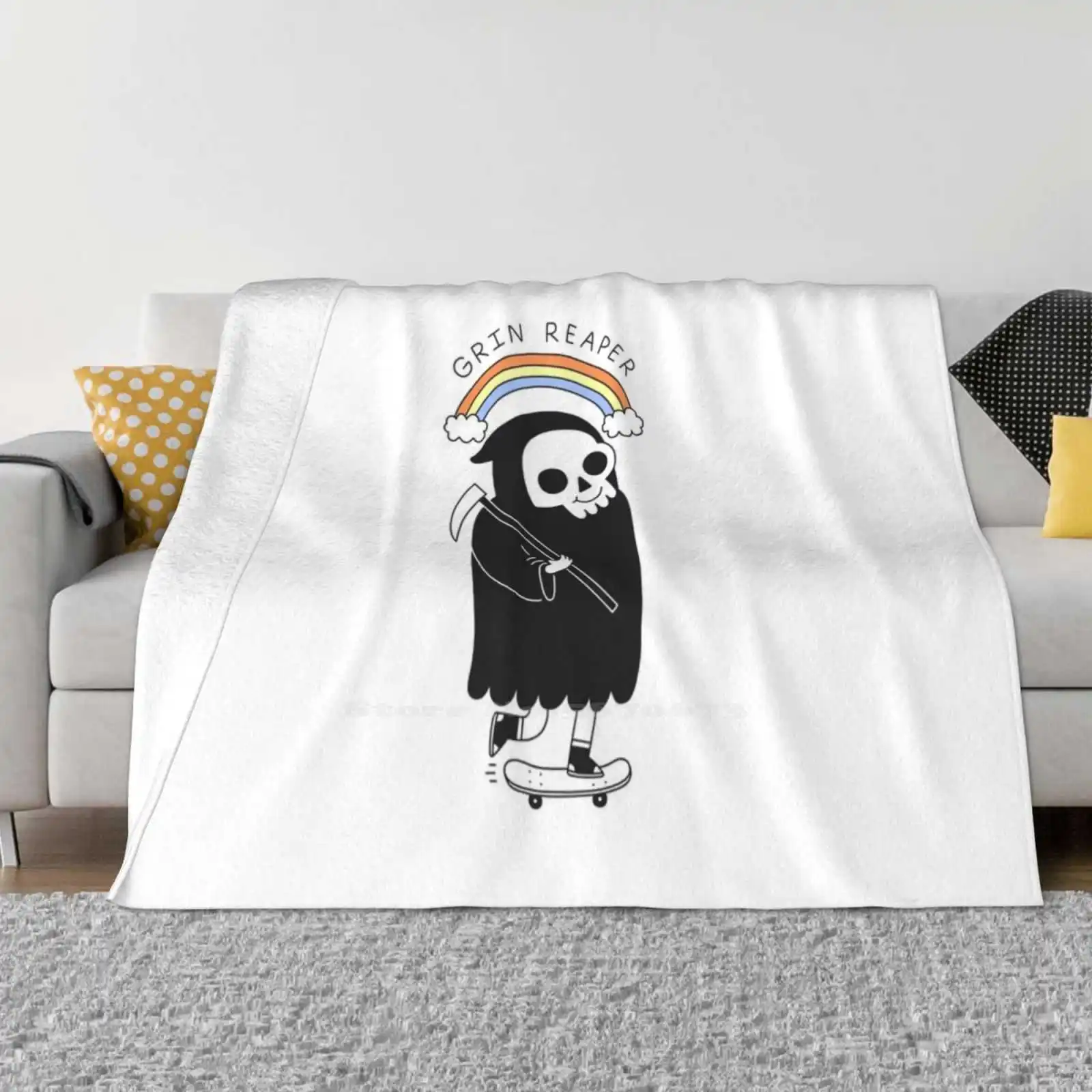 Grin Reaper New Selling Custom Print Flannel Soft Blanket Grim Reaper Death Funny Cute Rainbow Grin Black Skateboard Cool Smile