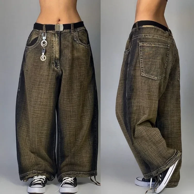 Y2K large size loose and comfortable American  Washed Retro Gradient Jeans Men And Women Casual Gothic High Waist Wide Trousers