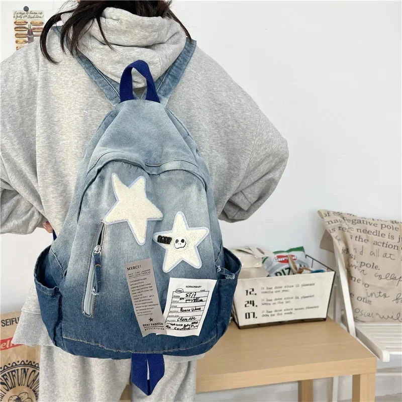 Y2k Vintage Trend Denim Shoulders Backpack Gradient Color Tie-dye Stars Bag Large Capacity Student Schoolbag Casual Travel Bag