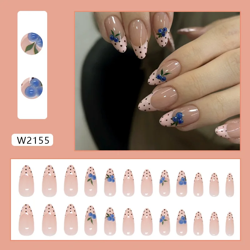24Pcs Pink French Tip Press On Nails Black Polka Dots Blueberry Fruit False Nail Short Almond  Full Coverage Nail Tips For Women
