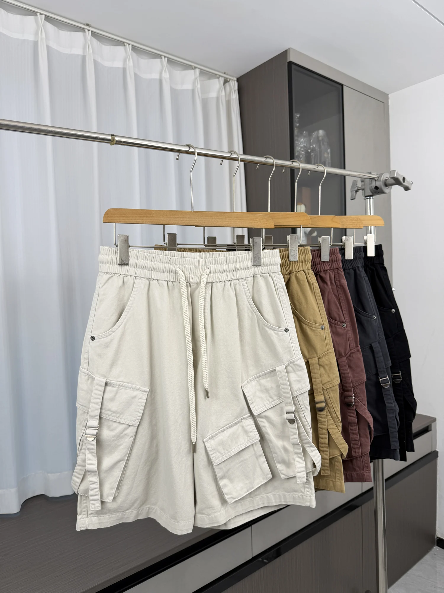 American Style Washed Process Elastic Waist Loose Multi-Pocket Work Shorts Casual Loose Fit Summer Shorts for Men