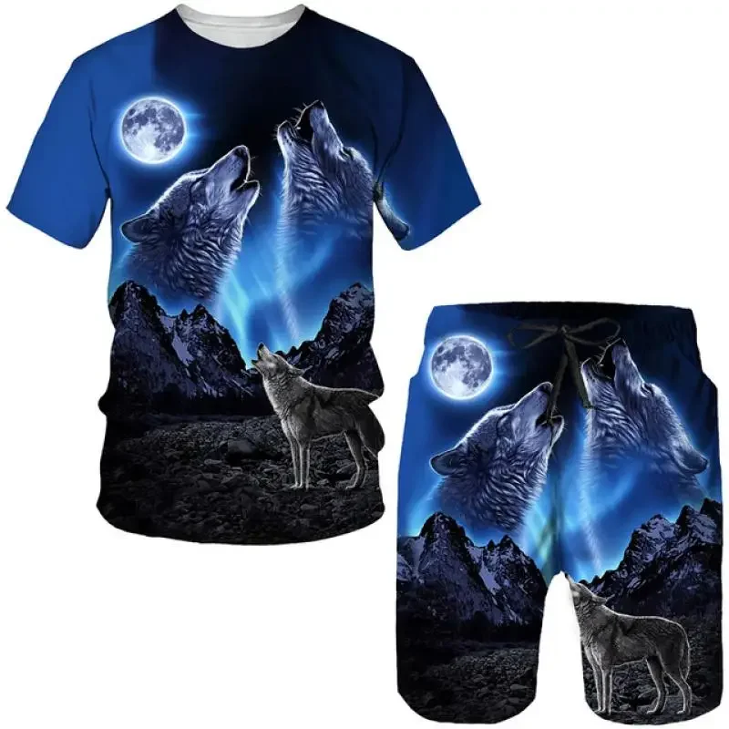 Wolf 3D-Druck Hawaii-Trainingsanzug Herren Strandanzug Kurzarm T-Shirts Shorts Sets Hip-Hop Street Sportbekleidung Herren Anzüge Kleidung