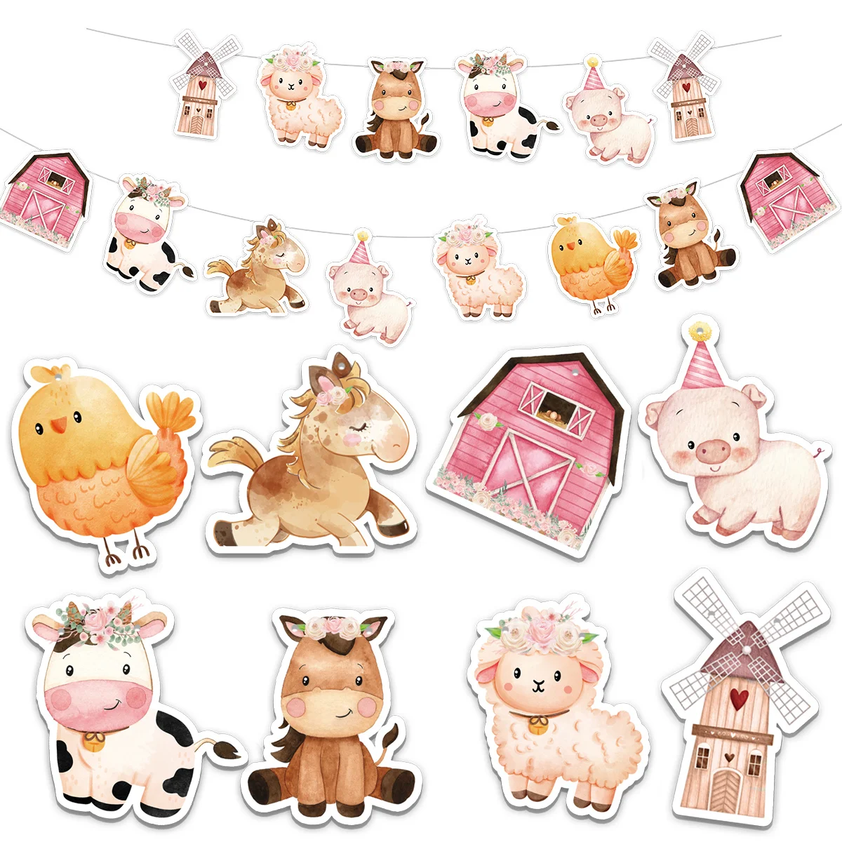 1Set Farm Animal Paper Banner Carton Horse/Pig/Cow Hanging Banners For Farmland Birthday Party Wall Decorations DIY Gifts Supply