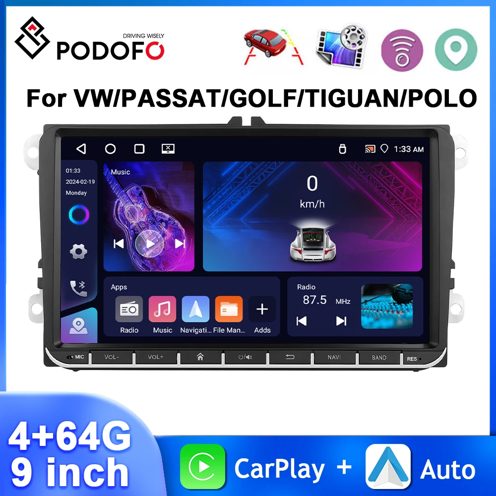 

Podofo 4+64G Android Car Radio For VW/PASSAT/GOLF/SHARAN/POLO 9'' Car Stereo Carplay Android Auto GPS Navigation WIFI Car Audio