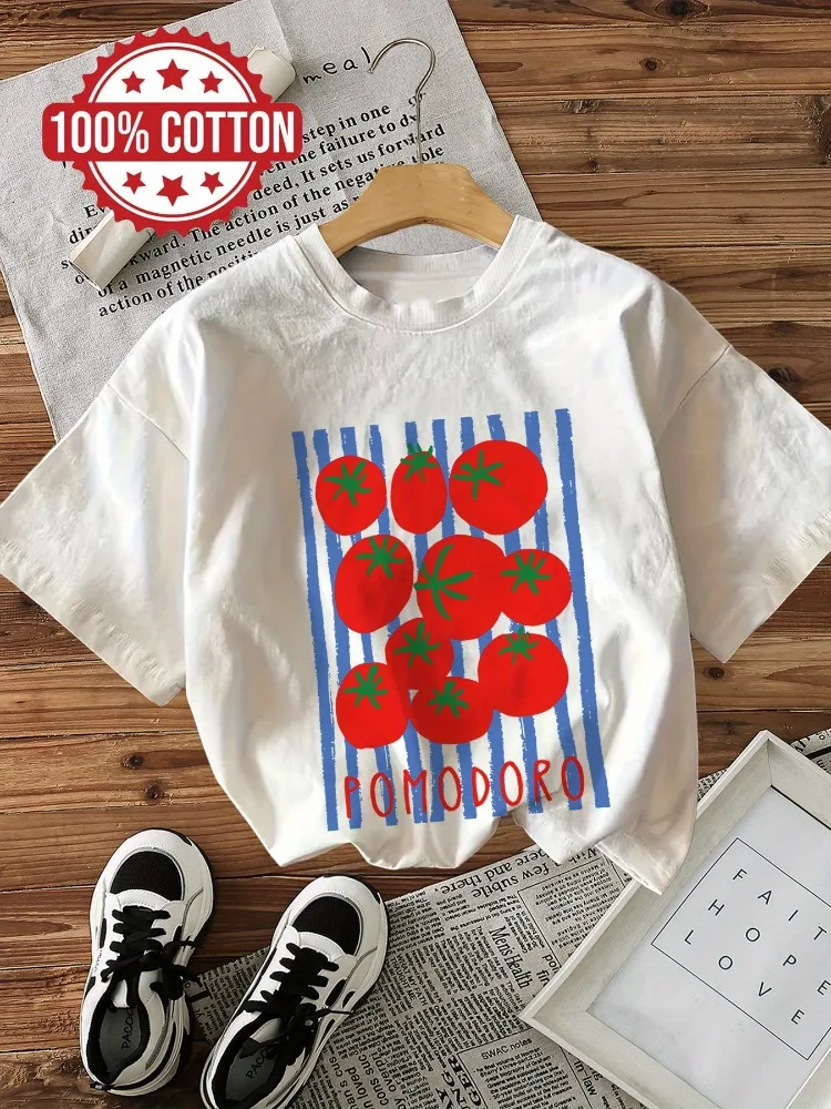 Camiseta cómoda y fresca con estampado de rayas de tomate, informal, de verano, con cuello redondo, de algodón puro, a la moda
