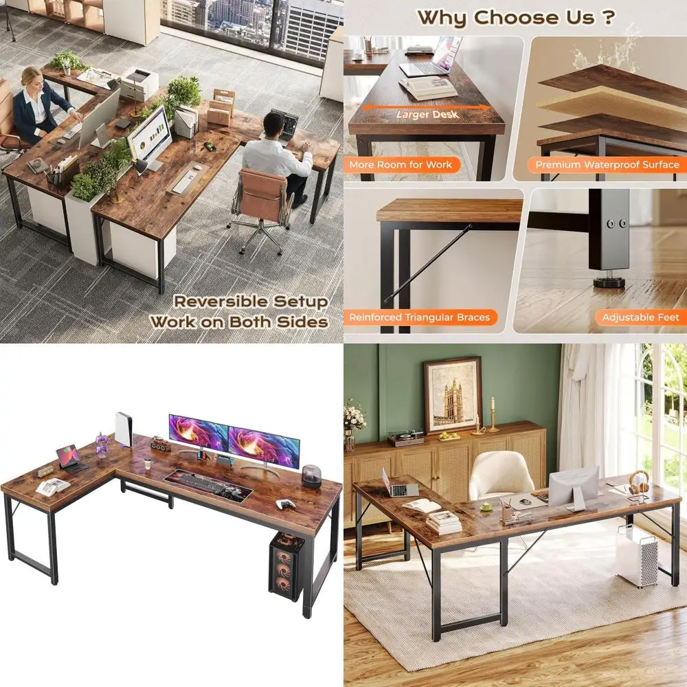 L-Shaped 63 Desk with 0.95 Thick Top, Reversible for Gaming or Office, Sturdy Metal Frame, Rustic Brown
